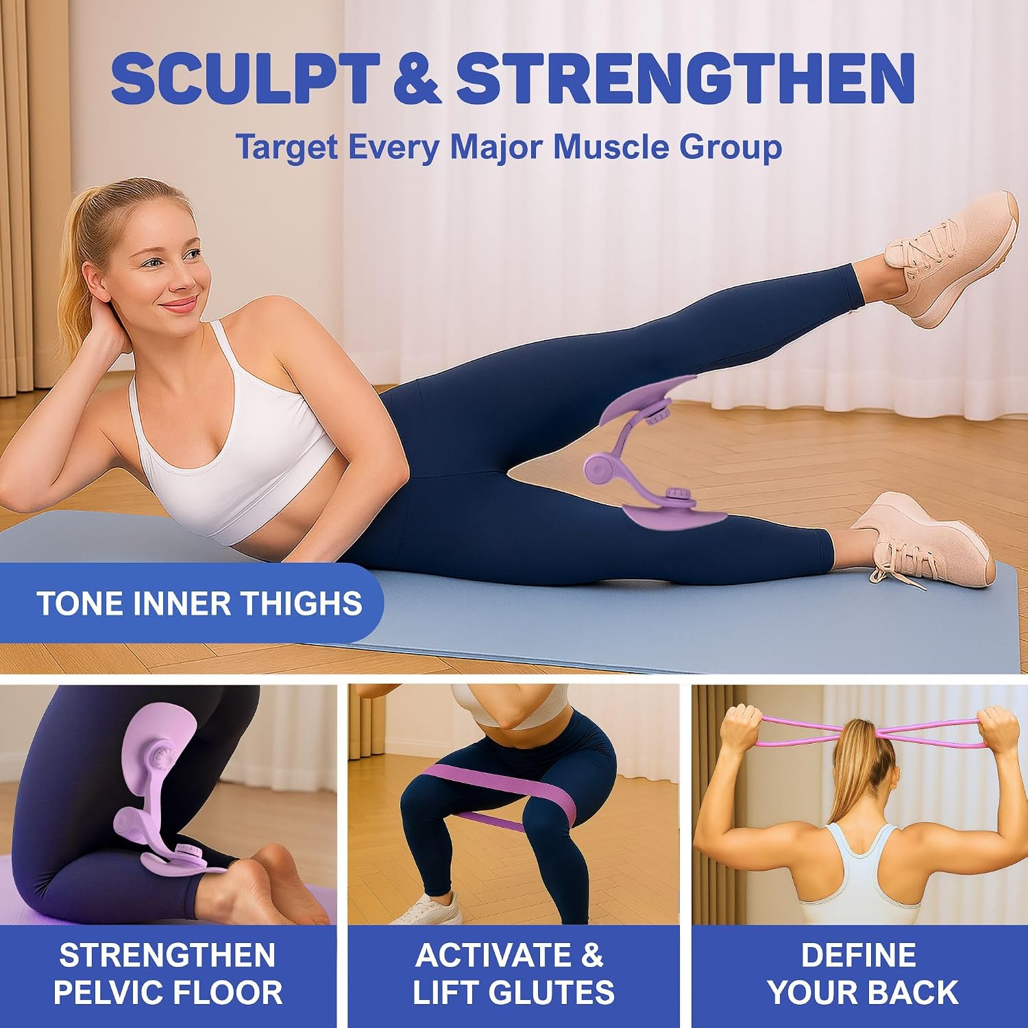 Thigh Master for Women – 29 LB Resistance Inner Thigh Exerciser with Figure 8 Band & Leg Band – 3-in-1 Thigh Trainer Set for Home Workouts, Leg Toning, Postpartum Recovery & Core Strength Training