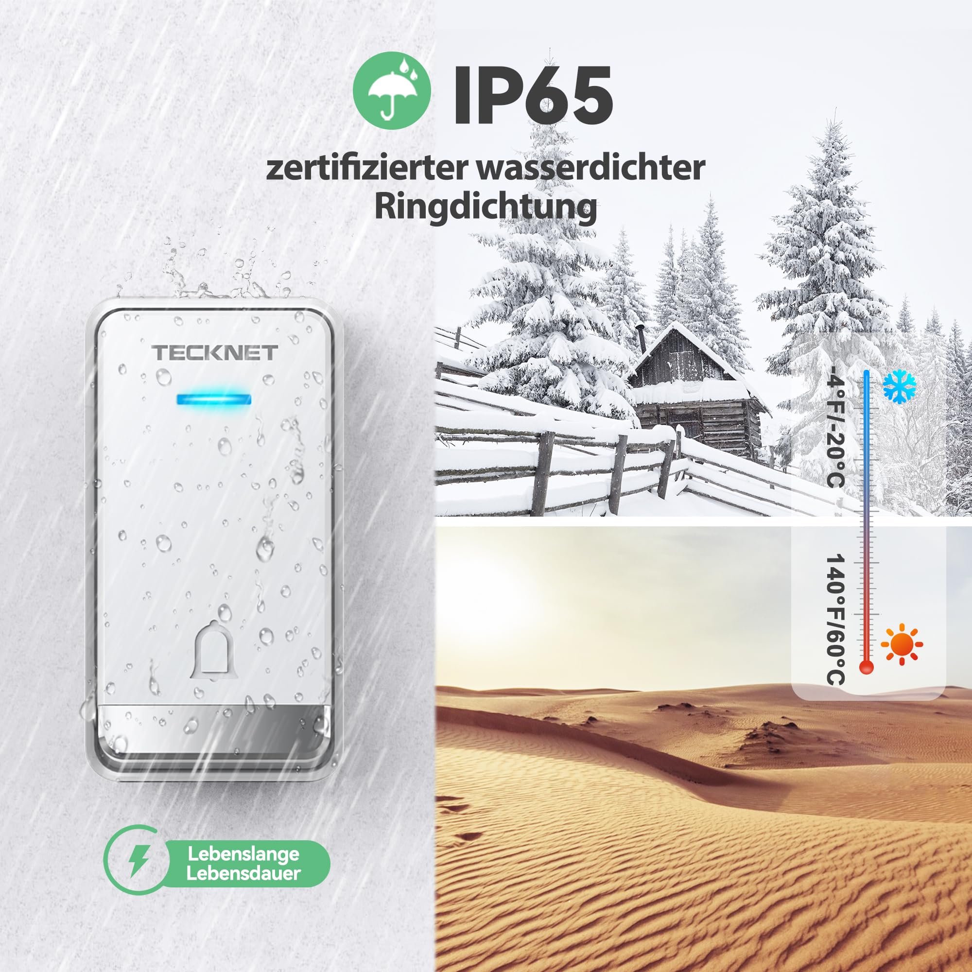 TECKNET Funkklingel Batterielose, Steckdosen Kabellose Türklingel, IP65 Wasserdicht Drahtloses Funk Türklingel mit 3 EU-Steckdose und 6 USB, 400m, 60 Laute Melodien, 5 Lautstärke Stufen, LED-Blinken