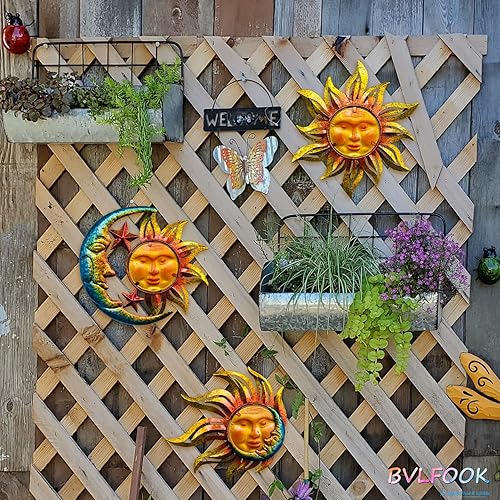Miniatura 2 de Decoración de pared de metal con cara de sol, decoración de pared para interiores y exteriores, estrella de sol y luna, decoración de patio colgante