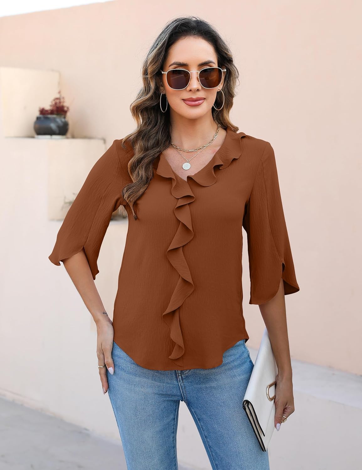 Blooming Jelly Womens Dressy Casual Blouses 3/4 Sleeve V Neck Ruffle Tops Business Ladies Summer Trendy Fashion Work Shirt - Image 2