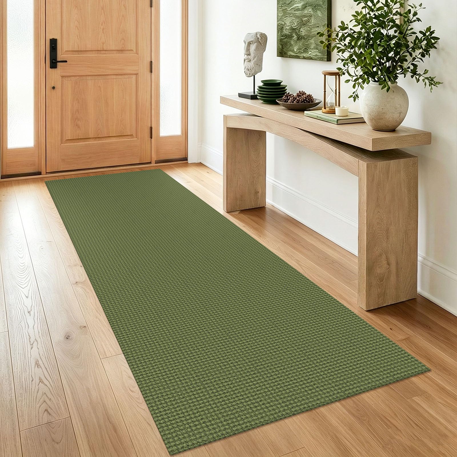 IOHOUZE Washable Runner Rug 3x8 Non Slip Rubber Backed Wide Hallway Runner Entryway Runner Indoor, Kitchen Rugs Woven Floor Carpet for Hall Entrance Bedroom, Olive Green/Earthy Green
