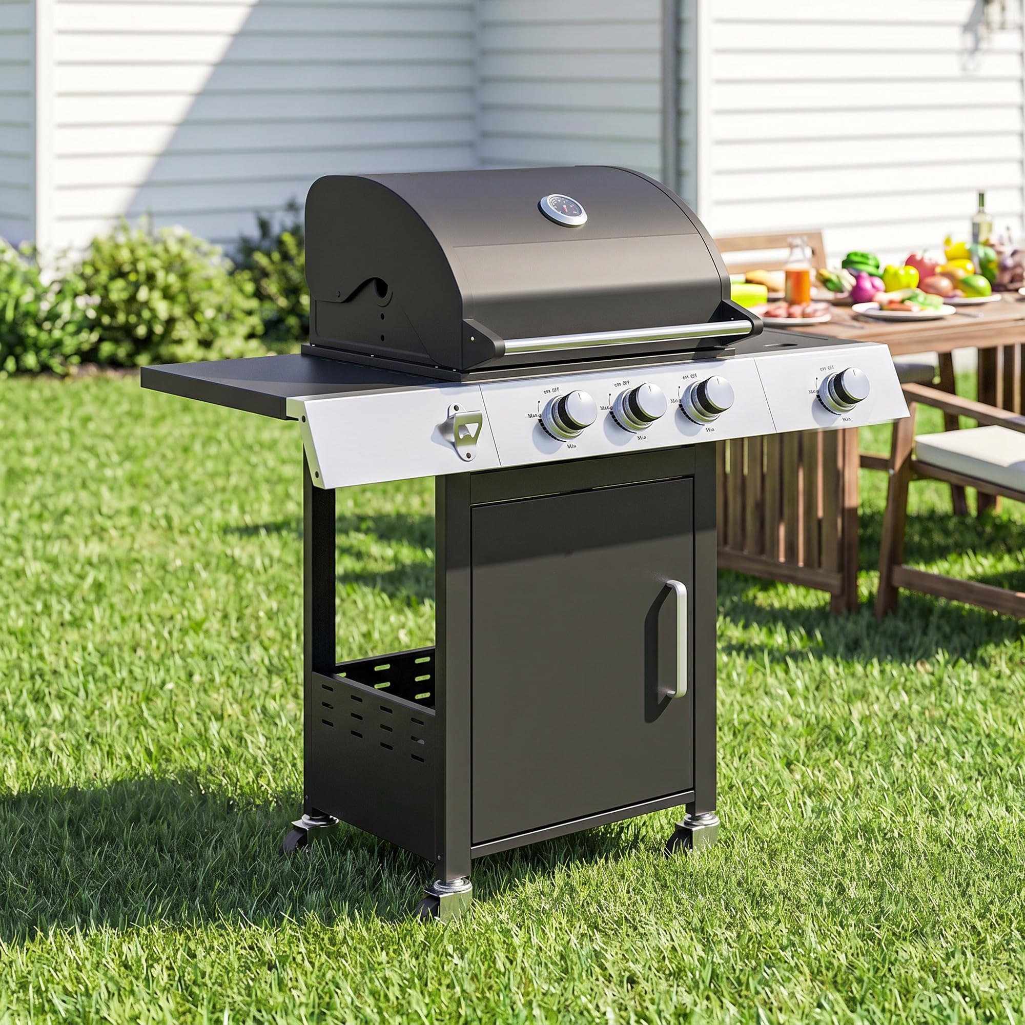 Outsunny Gasgrill 10,5 KW 3+1 Brenner BBQ Grillwagen Edelstahl inkl Seitenbrenner Flaschenöffner Thermometer Gusseisen-Grillrost Warmhalterost Rolle Seitentisch Unterschrank Gas-Grill für Balkon Party