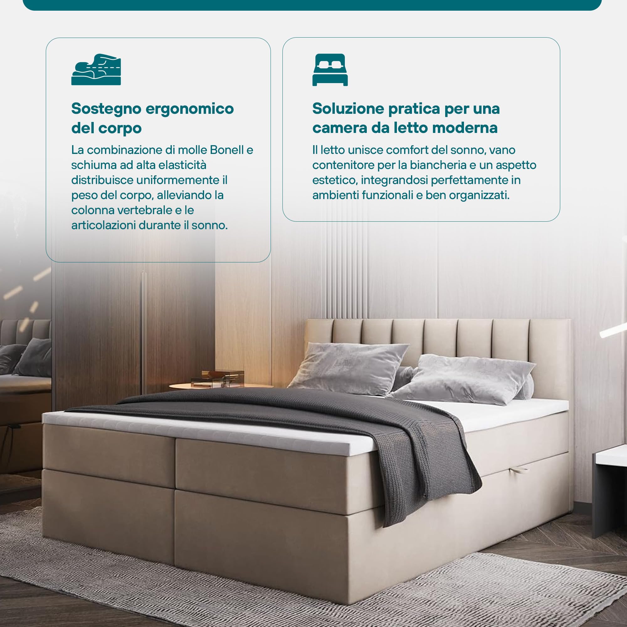 TRADA Letto Contenitore Matrimoniale con Contenitori e Materasso Pocket H3 - Elegante Letto PALERMO con Materasso e Topper - Beige - 180 x 200 cm