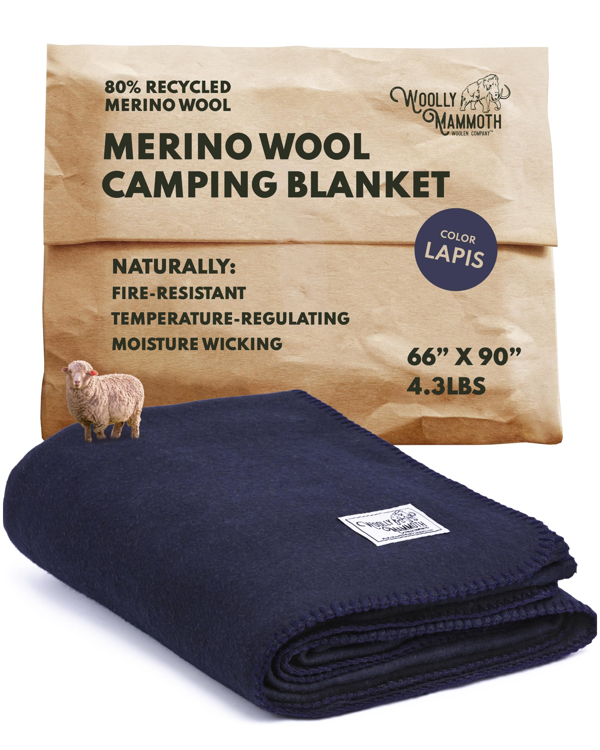 Woolly Mammoth Extra Large Merino Wool Camping Blanket - Outdoor Camping Gear for Trekking, Hiking, Backpacking - Warm Woolen Throw Blanket - Navy Blue, 66" x 90"