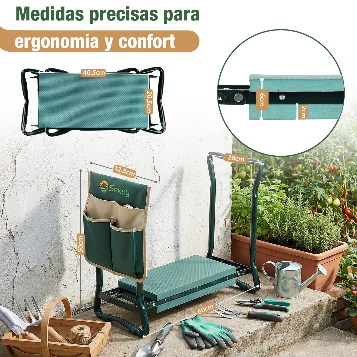 Sekey Reposarodillas Regulable en Altura para jardinería, Capacidad de Carga 160 kg, Taburete de jardín Plegable con Bolsillos para Herramientas, Ayuda para Rodillas para jardinería, 60 x 50 x 28 cm