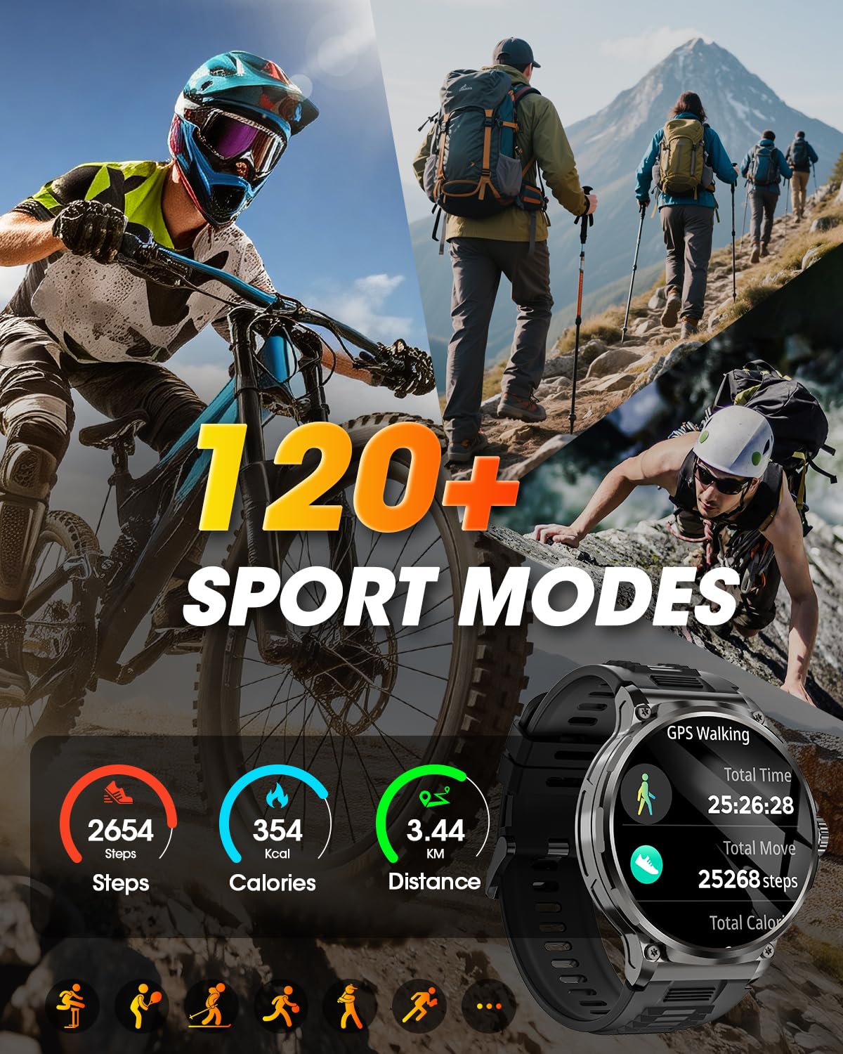 Reloj Inteligente Hombre con 1000mAh Batería, 1.92" AMOLED, 5ATM Impermeable Smartwatch Militar con Llamadas, 120+ Modos Deportivos, 24/7 Pulsómetro/Sueño/Podómetro Pulsera Actividad Android iOS Negro