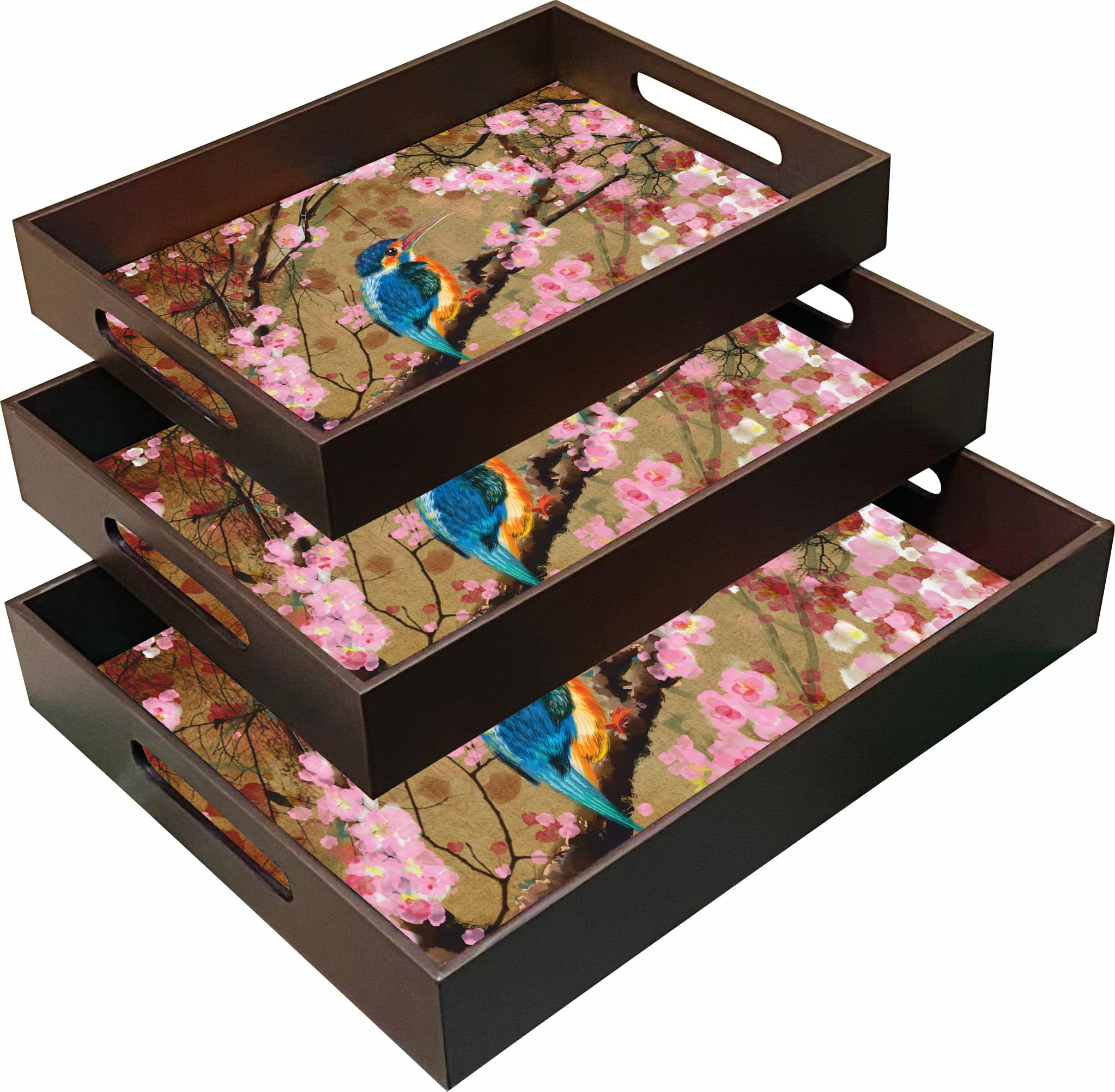 Enigmatic Woodworks Wooden Serving Trays with Handle I Set of 3 I Rectangular Tea Breakfast Platter I Bathroom Decor I Kitchen Bedroom Personal Tiered Tray Set (Brown New Bird) (B08ZN5W8TZ) Amazon Price History, Amazon Price Tracker