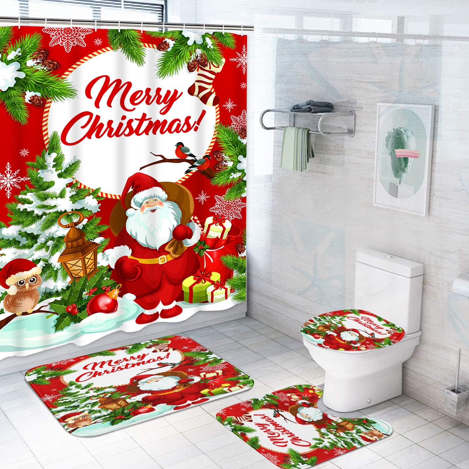 ArtSocket Red Santa Claus Bathroom Set Shower Curtain Set with Rugs Bathroom Set with Non-Slip Rug,Toilet Lid Cover,Bath Mat and 12 Hooks 72x72Inches Bathroom Decor 4 Pcs