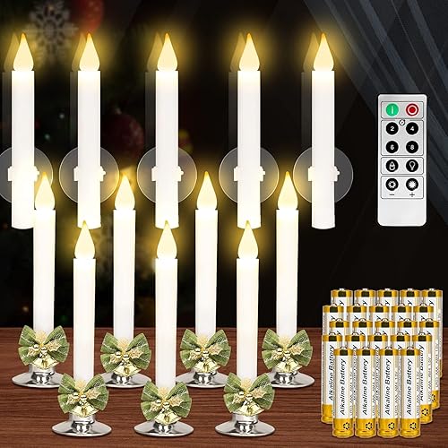 Miniatura 8 de Juego de 12 velas de Navidad para ventana con temporizador, funciona con pilas, velas LED eléctricas sin llama para ventanas, portavelas dorados,