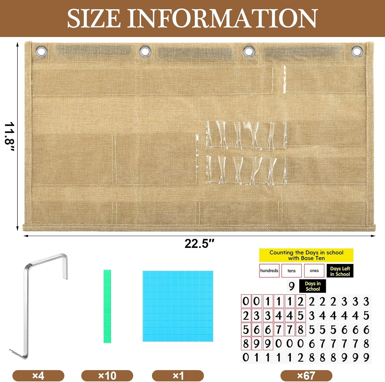 Resurhang Back to School Counting the Days with Base Ten Pocket Chart Place Value, Counting Caddie Pocket Chart for Classroom Bulletin Board School or Home Decor, 4 Hooks(Burlap Color,Classic Style)