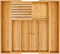 VaeFae Bamboo Expandable Drawer Organizer with Knife Block - Adjustable Kitchen Utensil Tray for Silverware
