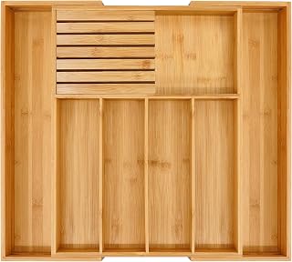 VaeFae Bamboo Expandable Drawer Organizer with Knife Block - Adjustable Kitchen Utensil Tray for Silverware
