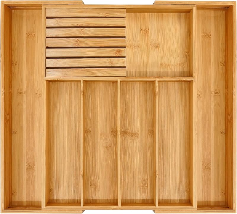VaeFae Bamboo Silverware Drawer Organizer, 7 Slots, Natural | Expandable Cutlery and Utensil Holder for Silverware, Removable Knife Dividers, 43 cm D x 32-55 cm W, 5-7 Slots, Natural