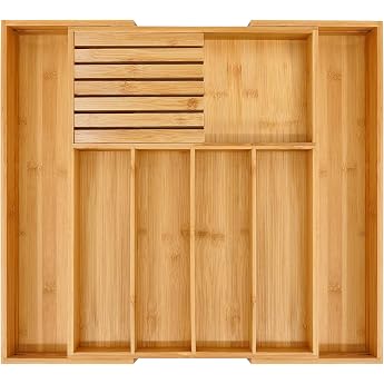 VaeFae Cutlery box for drawers made of bamboo expandable drawers Organizer Kitchen Width from 32 to 55 cmCutlery insert for drawers with knife block adjustable wooden cutlery box