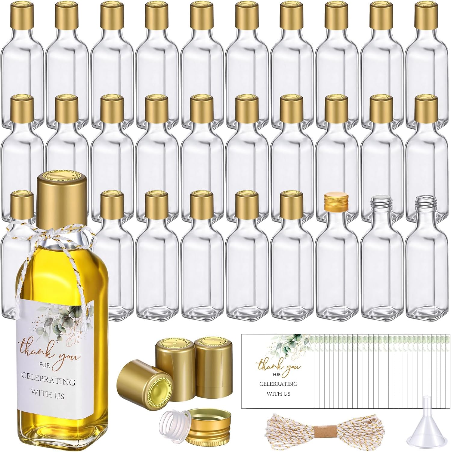 Reallnaive 40 Pack 3 oz Mini Olive Oil Bottles, Glass Leakproof Cap, Gold