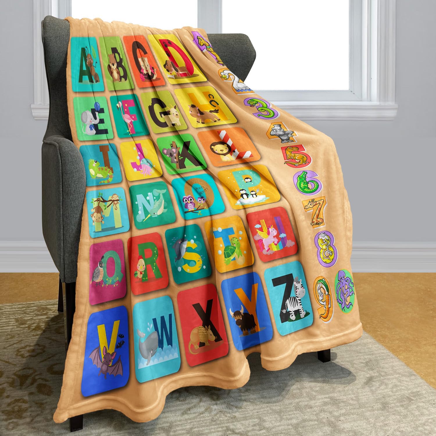 Animal Alphabet Blanket ABC Learning Throw Blankets for Toddler Kids, A-Z Letters with 0-9 Numbers, 50" x 60", Colorful - Image 3