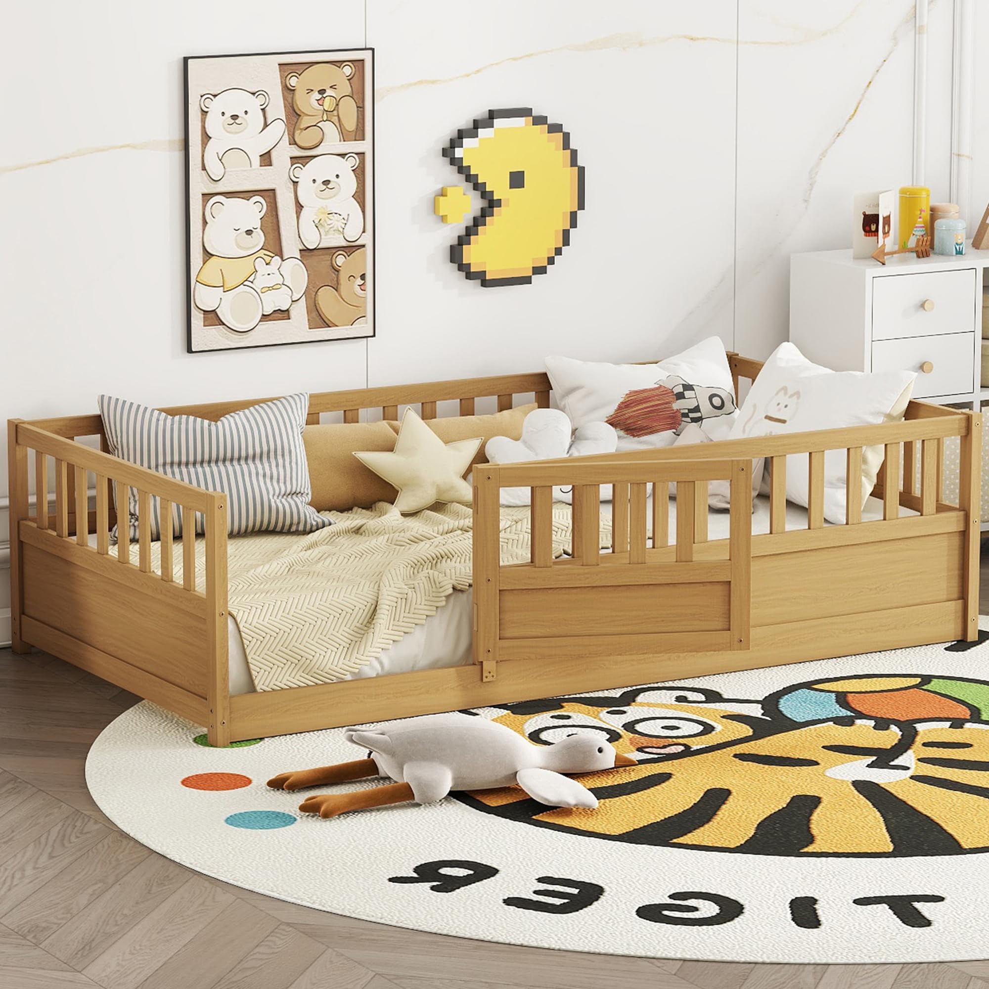 Bellemave Twin Floor Bed with Slats and High Fence, Twin Size Montessori Floor Beds with Door, No Box Spring Needed, Easy Assemble Montessori Bed Frame(Natural Twin)