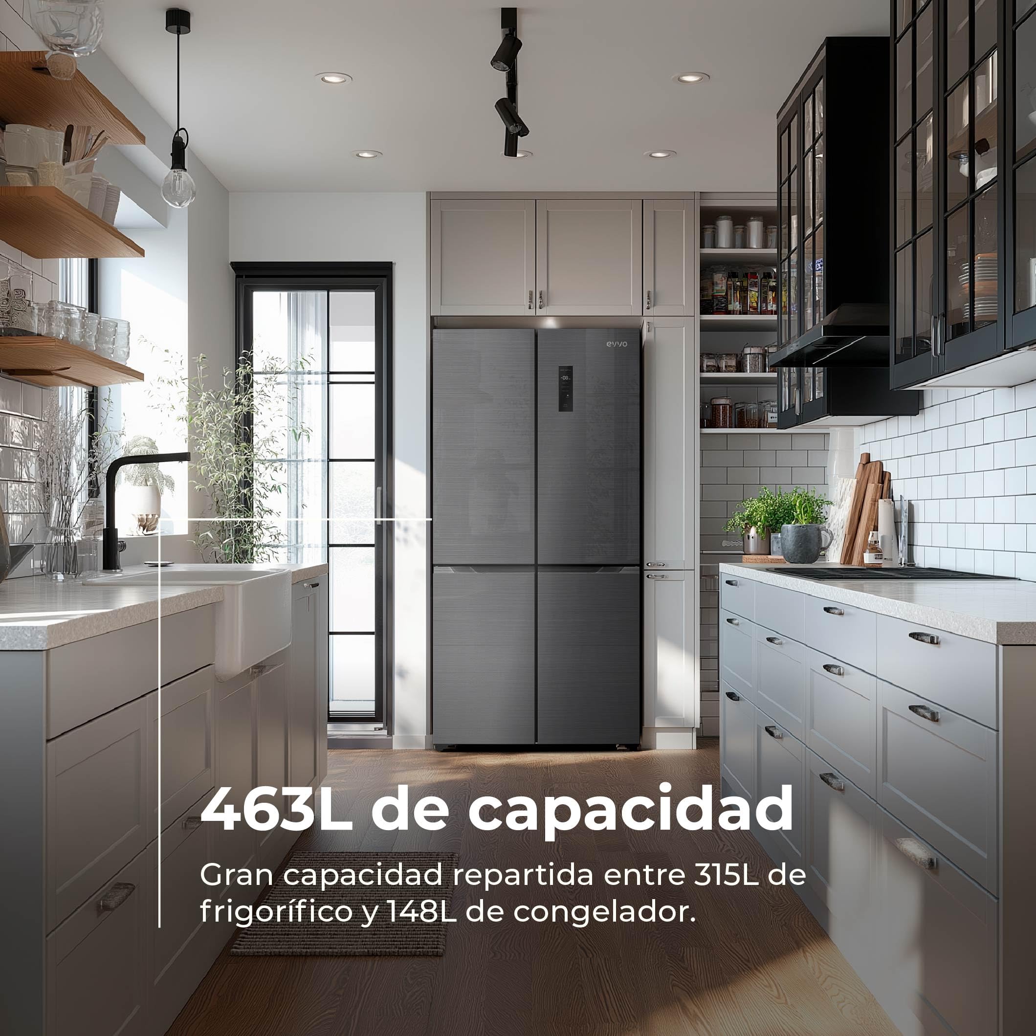 EVVO Frigorífico 4 Puertas - Frigorífico Americano No Frost 463L, Motor Inverter, Clase E, Nevera 315L Frigorífico + 148L Congelador