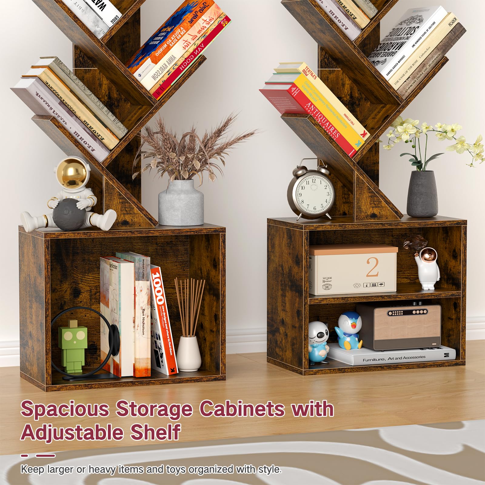 Libreria a Forma di Albero in Legno con Luce, Scaffale Autoportante a 9 Ripiani ad Angolo con Mobiletto – Libreria Salvaspazio per Libri, CD, per Soggiorno, Studio, Ufficio(Rustic Brown)
