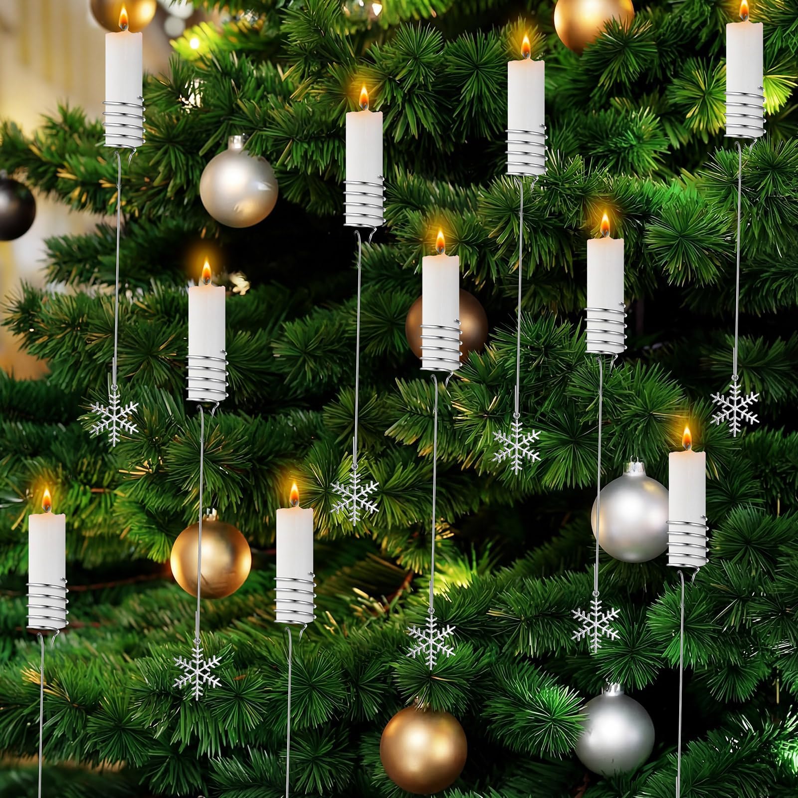 20 Pcs Silver Christmas Tree Candle Holders Metal Candle Holder with Snowflake Ornaments for Christmas Tree Balance Candlestick for Winter Xmas Indoor Outdoor Party Decoration