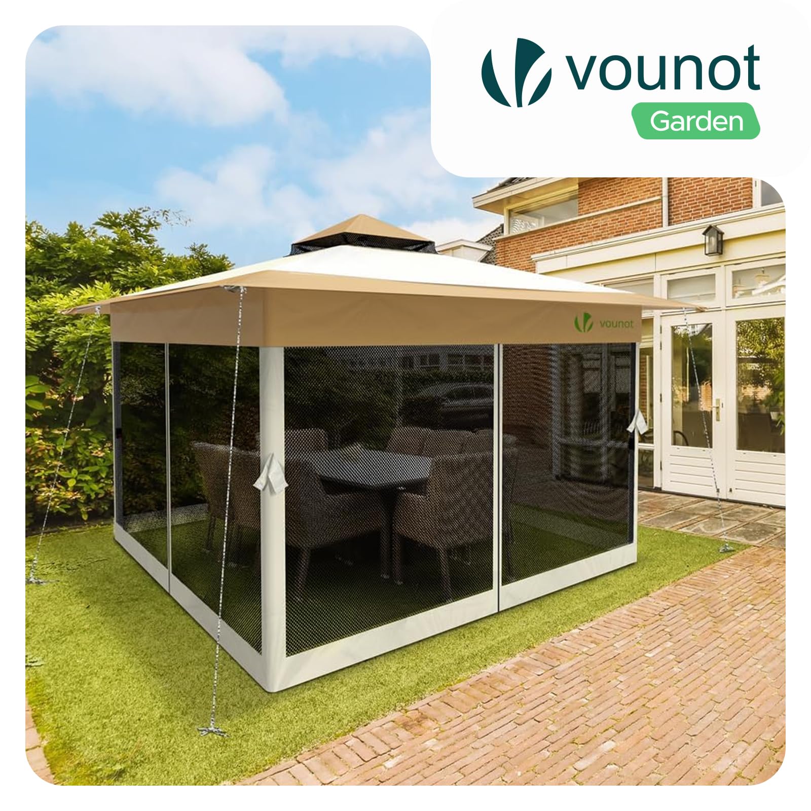 VOUNOT® Pavillon Faltbar 3,6x3,6m, Pop Up Partyzelt mit Mesh Sides & Doppeldach, Faltpavillon Stabil mit Bein Gewichte & Roller Bag, Gartenpavillon Gartenzelt Beige