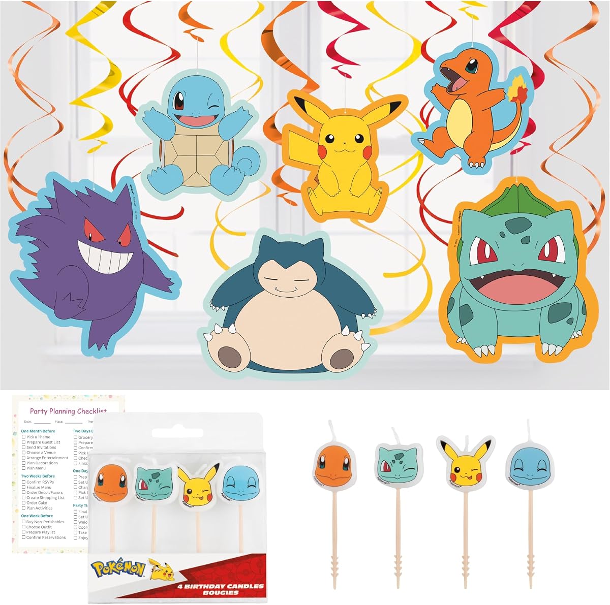 Decoraciones de cumpleaños de Pokémon | 12 remolinos en espiral colgantes, 4 velas para pastel, lista de verificación | Suministros para fiestas de Pokémon | Licencia oficial