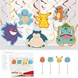 Pokemon Birthday Decorations | 12 Hanging Spiral Swirls, 4 Cake Candles, Checklist | Pokemon Party Supplies | Officially Licensed