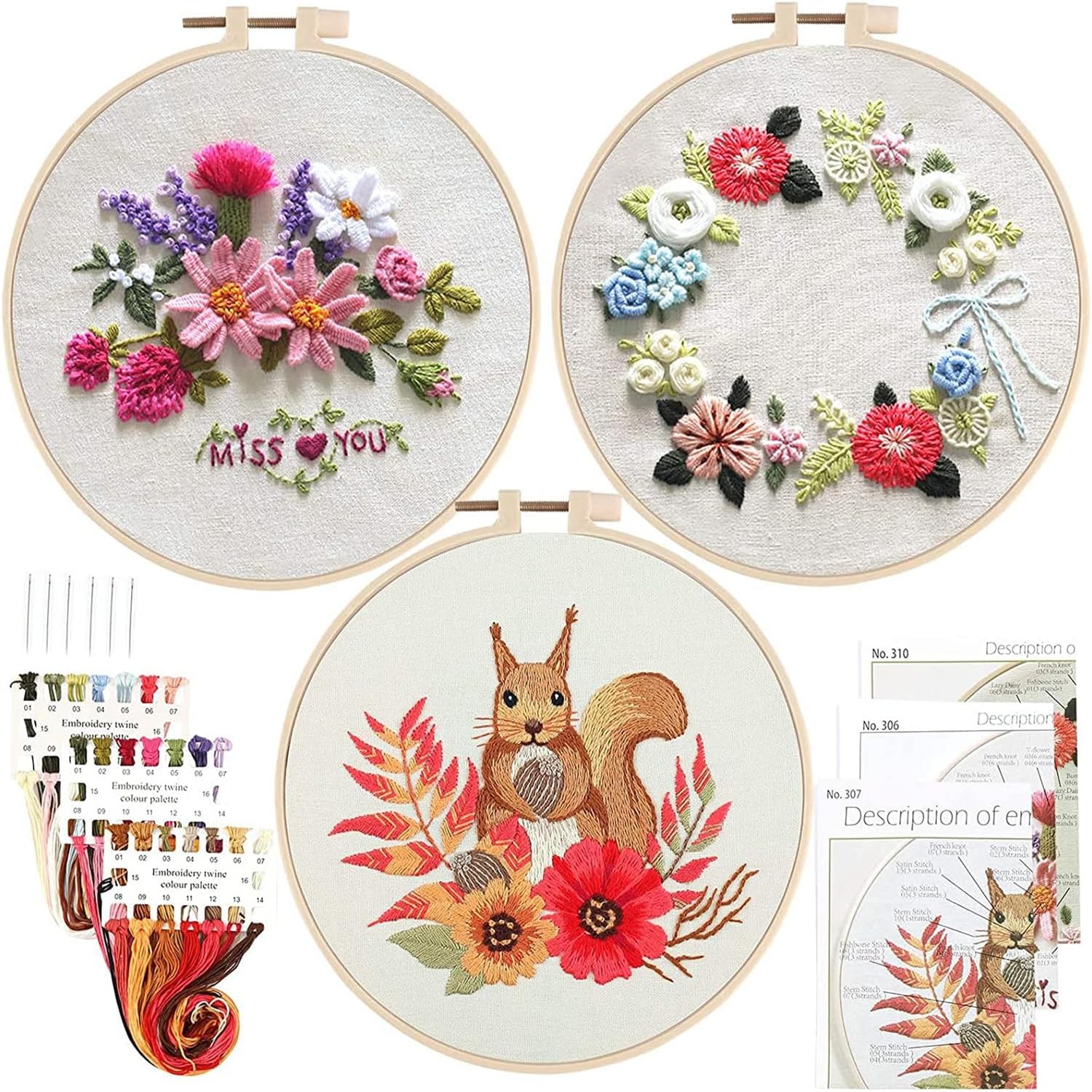 Joyzzz Embroidery Starter Kit, 3 Pack Hand Beginners Embroidery Kit with Embroidery Hoops and Cute Fox Flower Plant Pattern, DIY Stamped Cross Stitch Kits for Adults Beginners Wall Decor