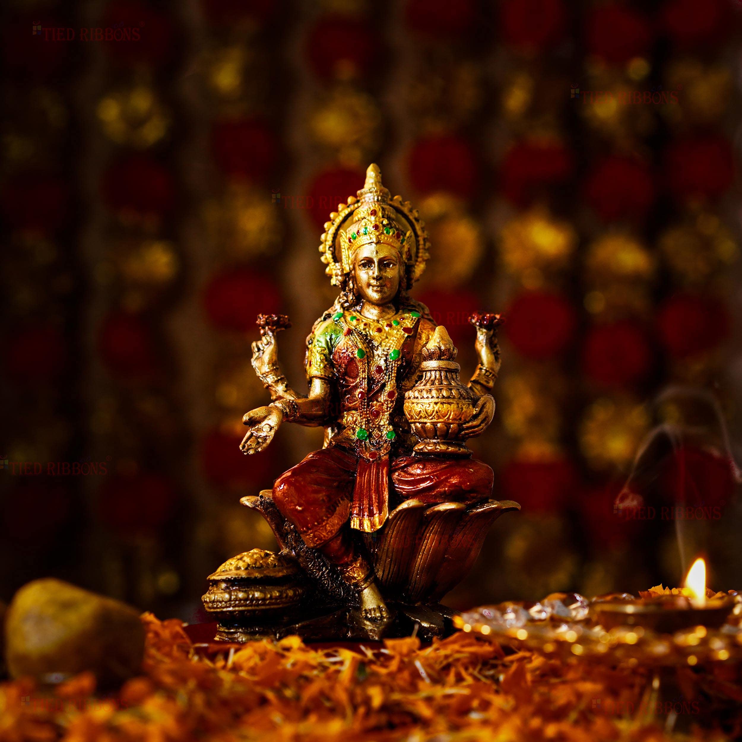 TIED RIBBONS Lakshmi Idol Hindu Goddess of Wealth Sitting Laxmi Statue on Lotus Flower Indian God Murti for Pooja Decor Mandir Temple Decorations Gift Items - Lord Laxmi MATA Statue for Home Decor