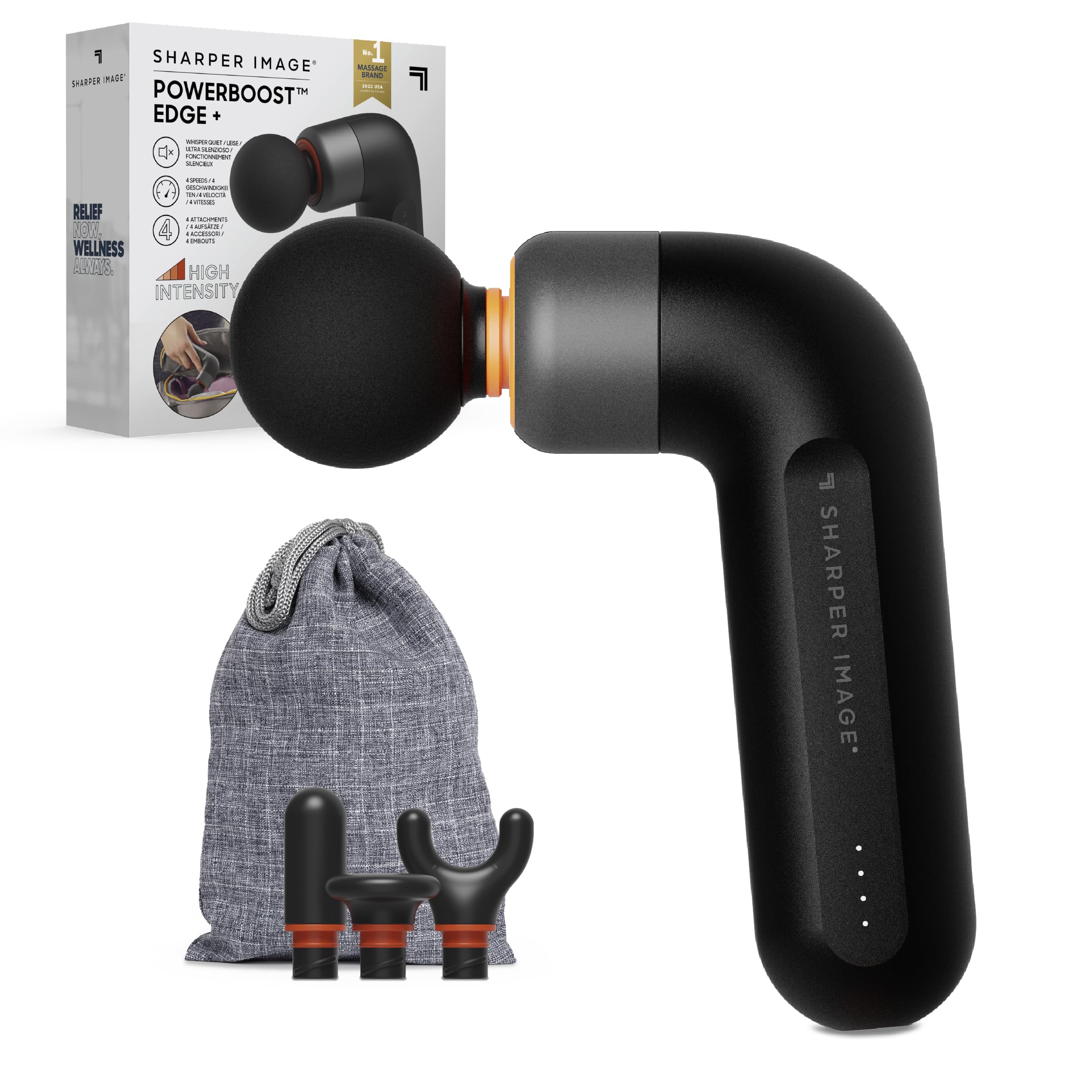 Sharper Image Power Percussion Move Edge Portable Lite - Muscle Massage Gun, Percussion Massager with 4 Speeds, 4 Attachments, USB-C Rechargeable - Portable Deep Tissue Massager for Muscles, Black