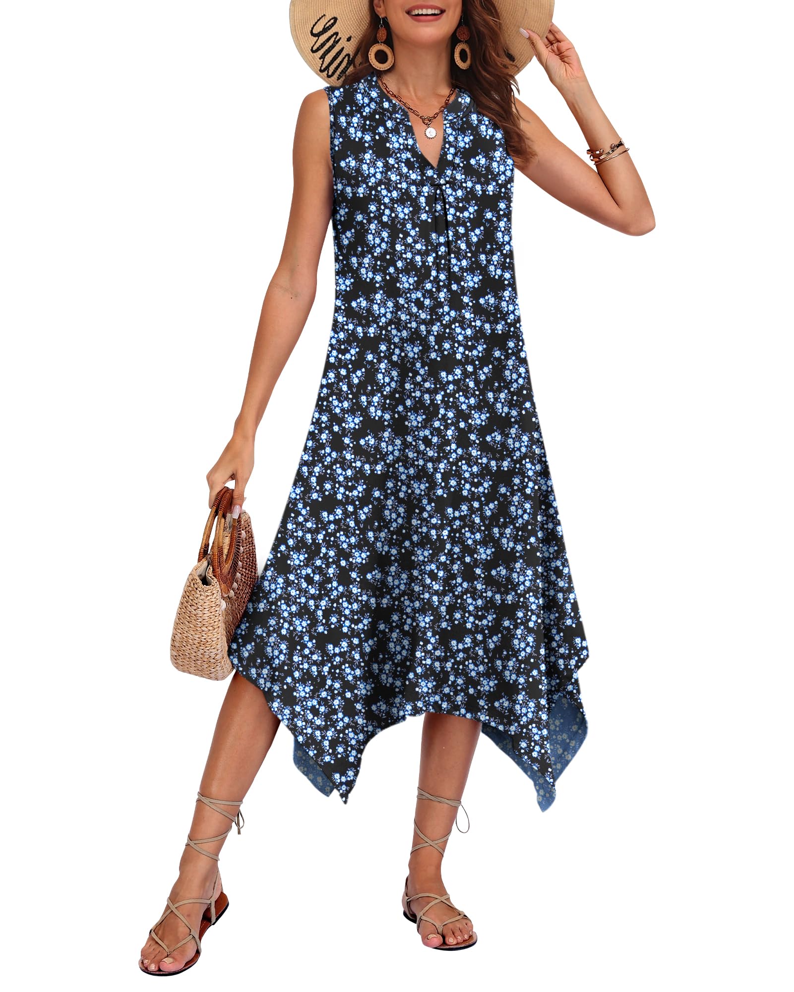 AUSELILY Womens Summer Midi Dress V Neck Sleeveless Casual with Pockets