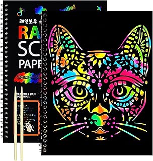Rainbow Scratch Art Paper for Kids, 2 Pack Scratch Paper Notebooks w/ 6 Stencils, 2 Styluses - DIY Arts & Crafts Kit - Ideal Party Favors, Easter, Christmas, Birthday Gift (Cat)