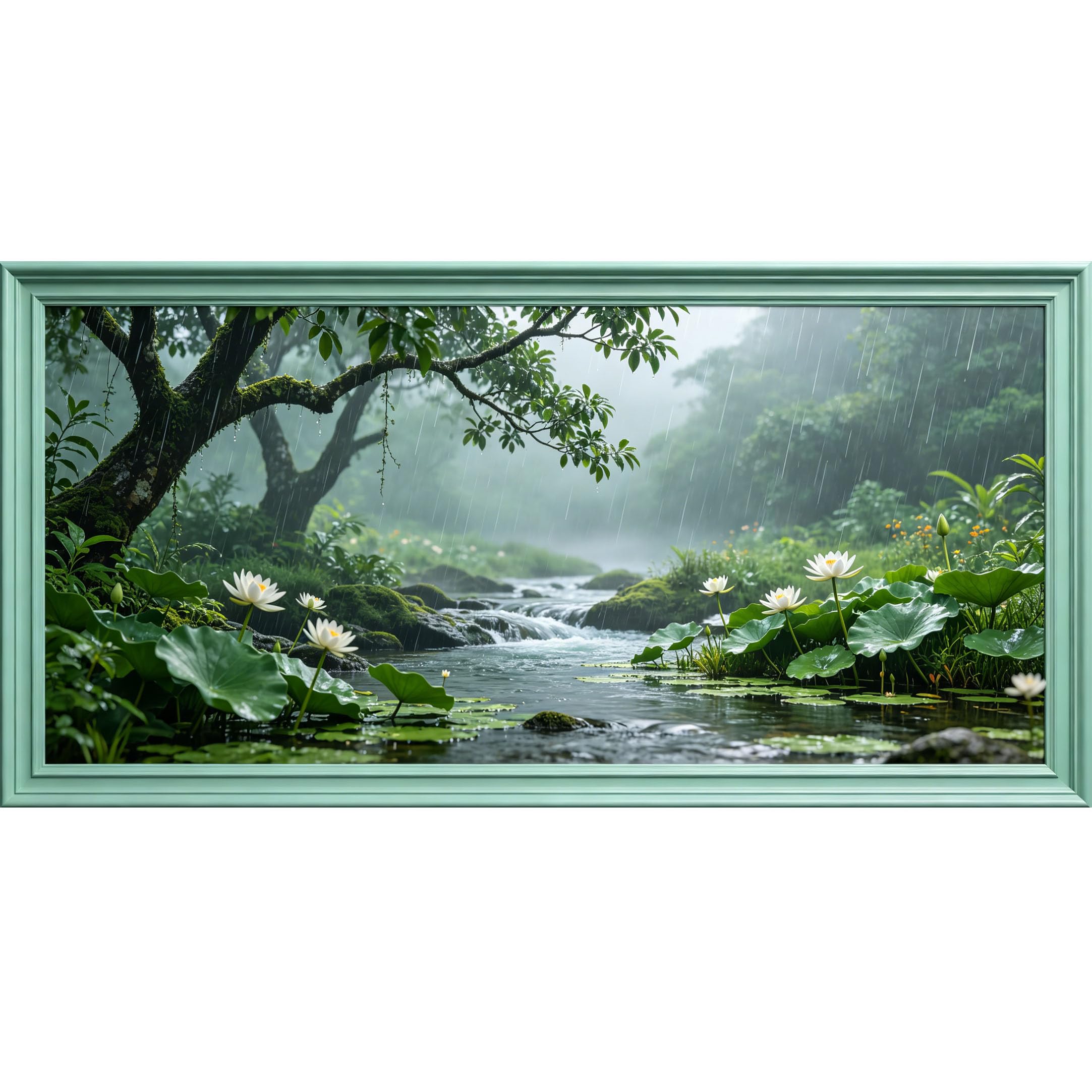 Agglomerix 3D Framed Wall Art Rainy Forest River White Lotus Botanical Landscape Nature Scene Large Size SelfAdhesive Removable Wall Decor Prints Artwork for Living Room Bedroom Office
