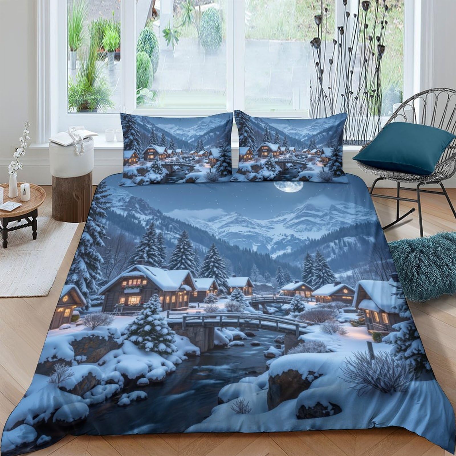 Ctjqhvkz Style-3 3D Printed Winter Village Fitted Sheet Microfiber Soft Snowy Mountain Bed Cover For Bedroom Guest Room Mattress Decor Single（135X200cm）