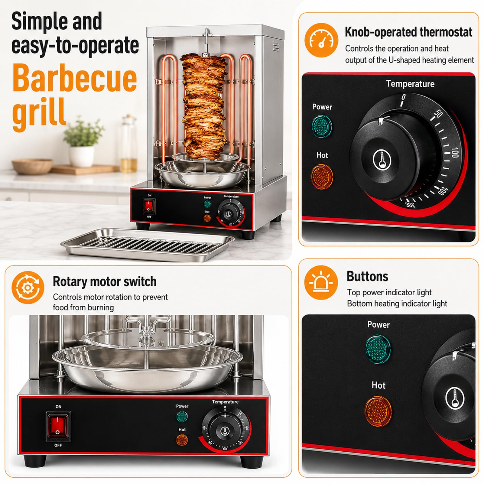 Grill Kebab Döner Elettrico 3000W Forno Verticale 360° 50–300°C Gyros Acciaio Inox Macchina Shawarma 2 Resistenze per Carne Uso Domestico e Professionale