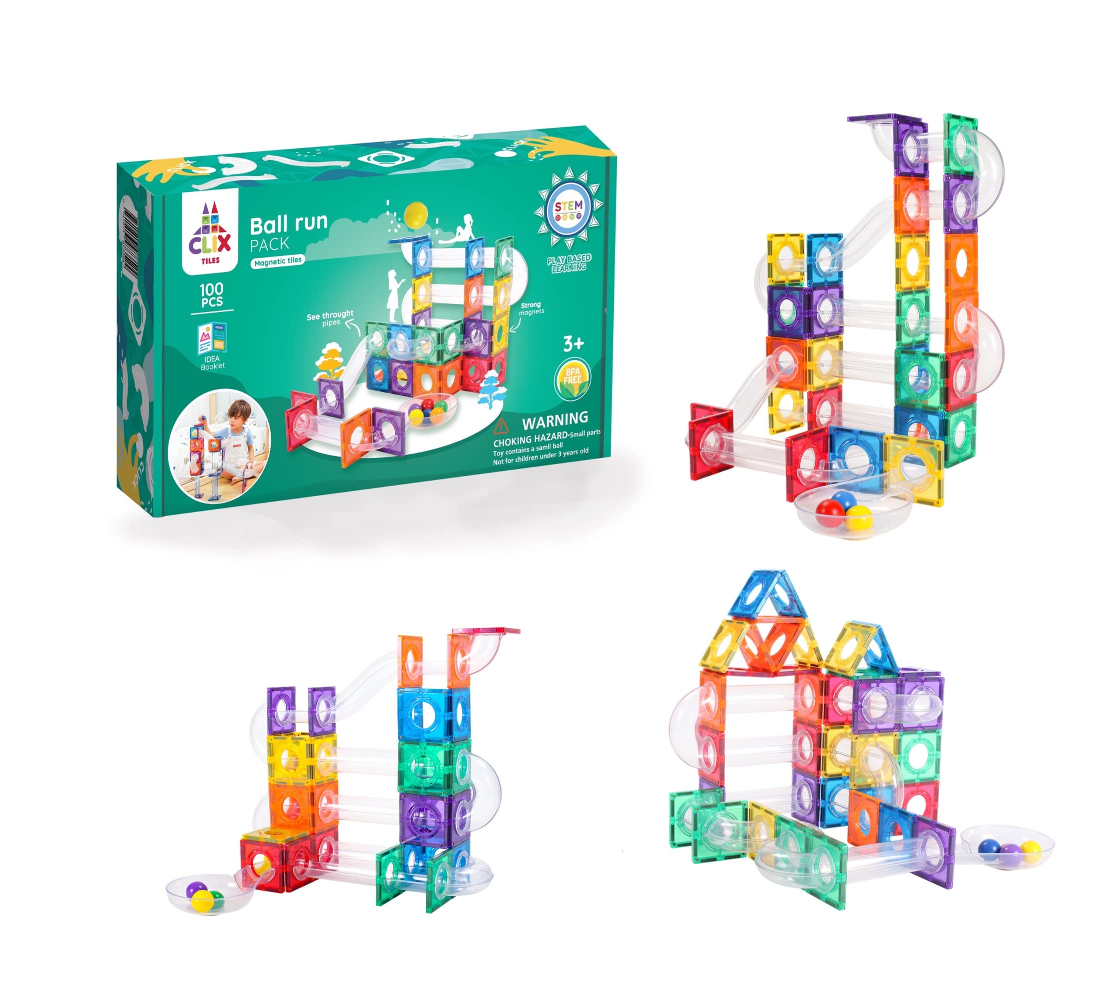 Clix-tiles magnetic tiles | ball run marble run 100pcs set colorful tiles transparent pipes | open ended toy educational STEM | fun play Magnet Toys building and construction 100 pieces