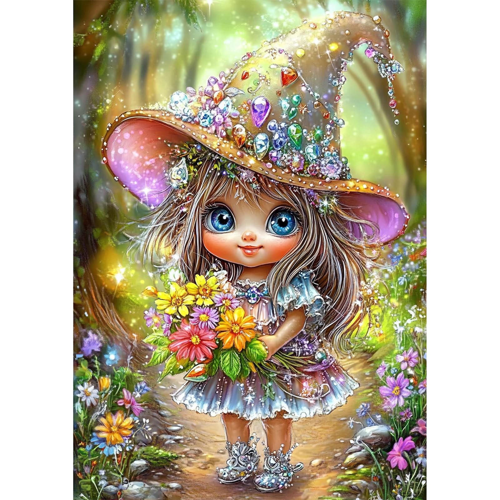 NEWENMO 5D Cute Elf Diamond Painting Kits for Adults,Flower Diamond Art Kits,DIY Cartoon Full Drill Gem Art Kits for Adults Beginners,for Living Room Decoration-30x40cm