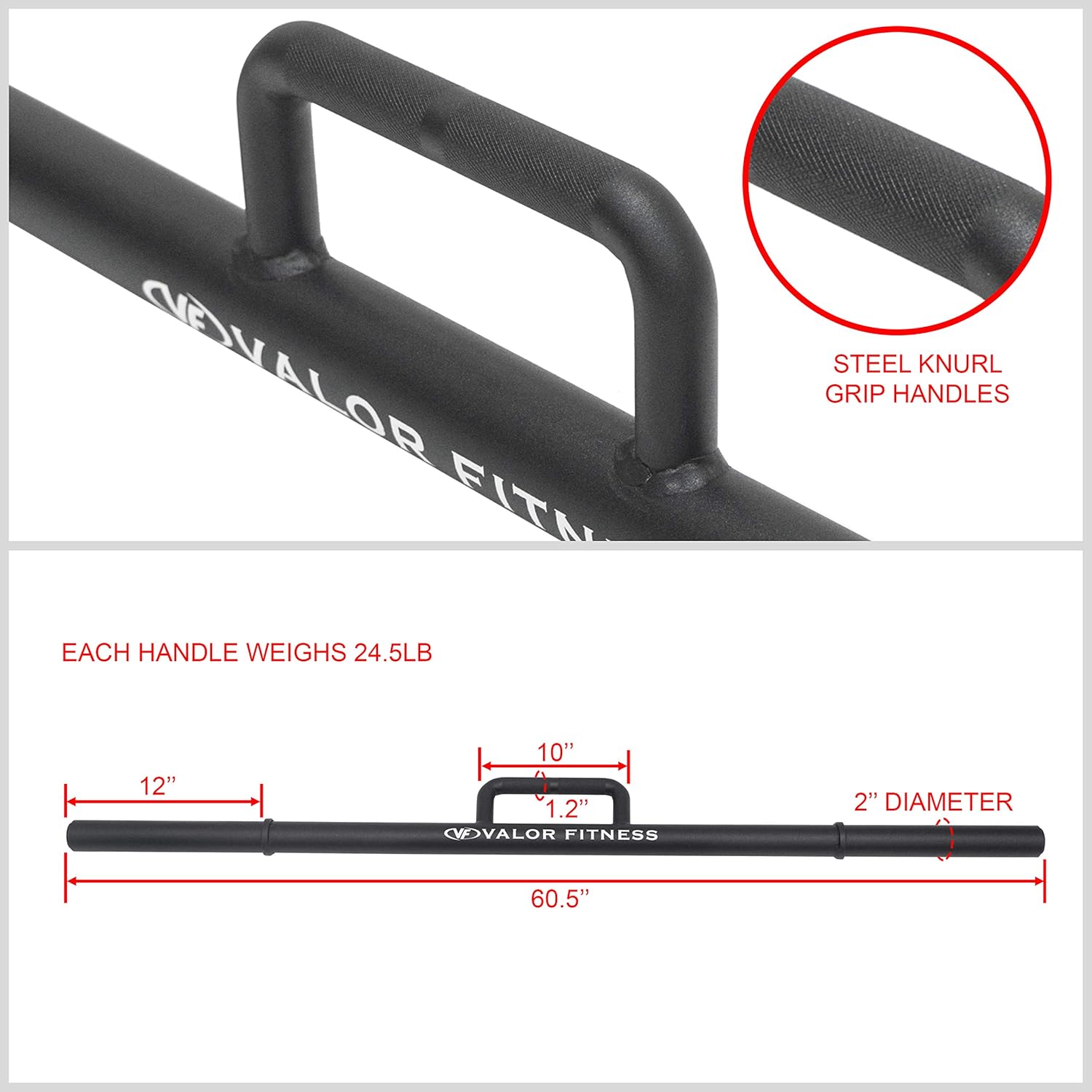 Valor Fitness Farmers Walk Handles - Log Carry Handles Pair - 24.5 lbs ea.- Strongman Weight Lifting Strength Training Equipment Barbells - Deadlift Grip Strength - Glutes Quads Exercises - Max 1200 lbs
