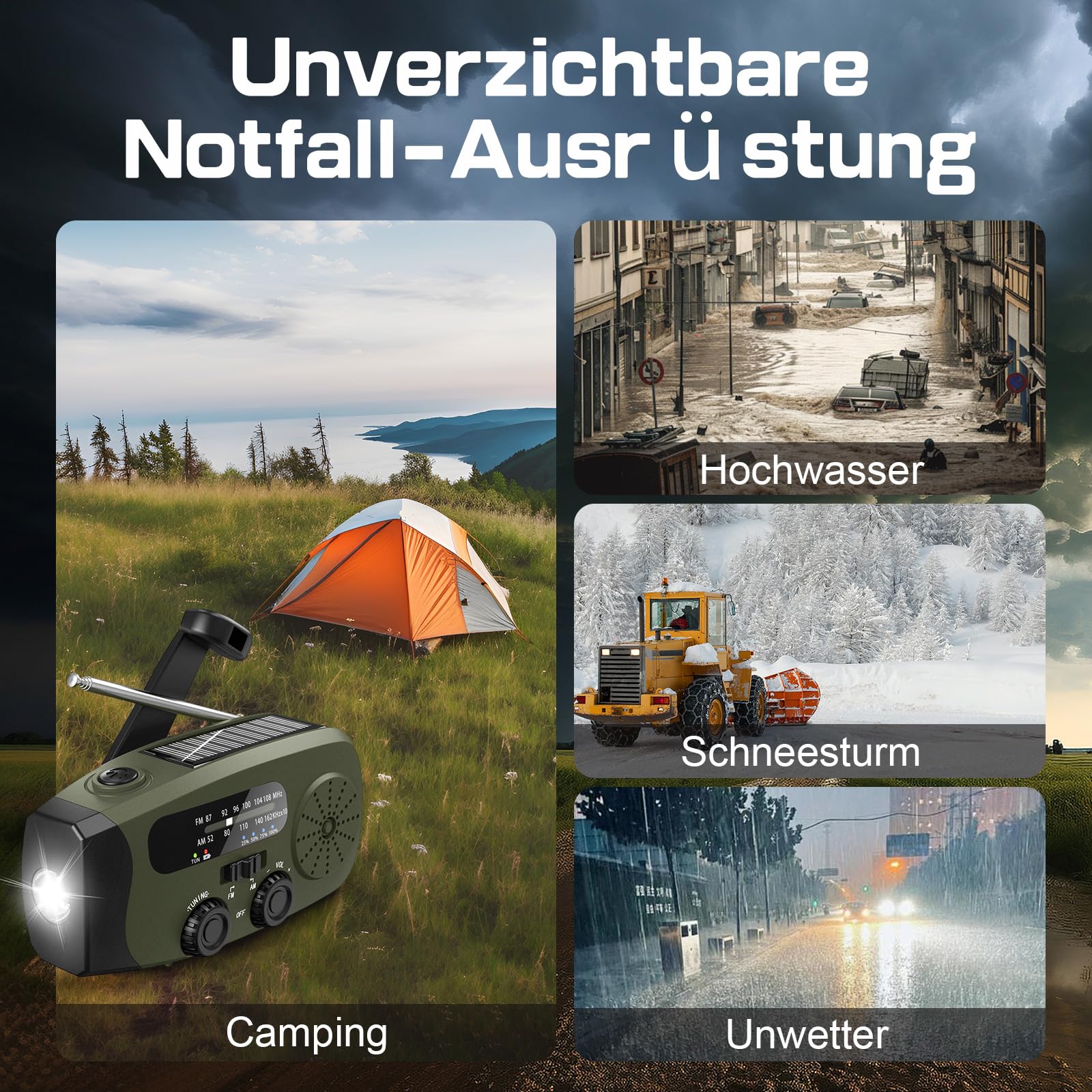 Notfall Kurbel Radio, 2000mAh/7400mWh Akku Kurbelradio Solar Batterie Power Bank USB AM/FM Radio mit SOS-Alarm Taschenlampe, 3-Wege-Laden Notfallradio, Innen Außen Camping Klein Taschenradio
