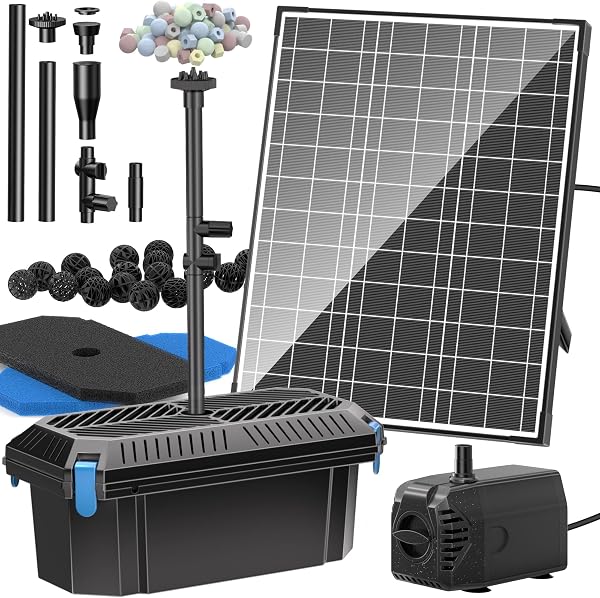 Biling 20W Kit Filtre de Bassin Solaire, Débit 875L/H avec Régulateur et 4 Buses, Pompe de Fontaine Solaire avec Câble de 5m pour Petit Étang de Poissons et Cascade, Haute Efficacité Énergétique - 1