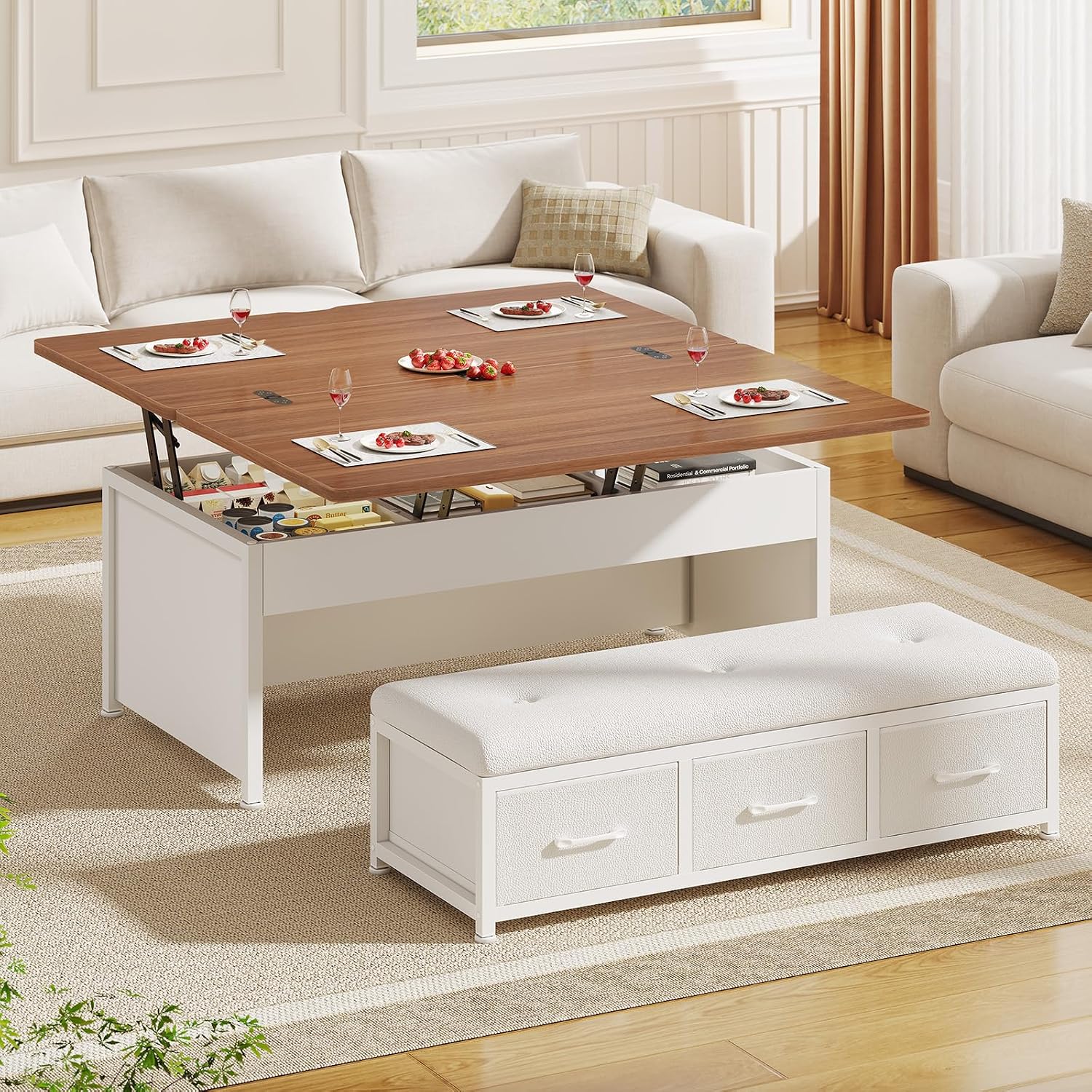 Itaar Lift Top Coffee Table Set 43 Multi-Function Table with Storage Ottoman Bench White