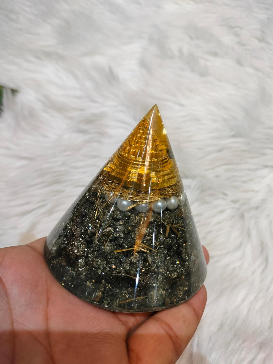 Golden Pyrite Peru Orgonite Pyramid – Energy Healing & Wealth | Handmade Orgone Pyramid for Protection, Success & Positive Energy
