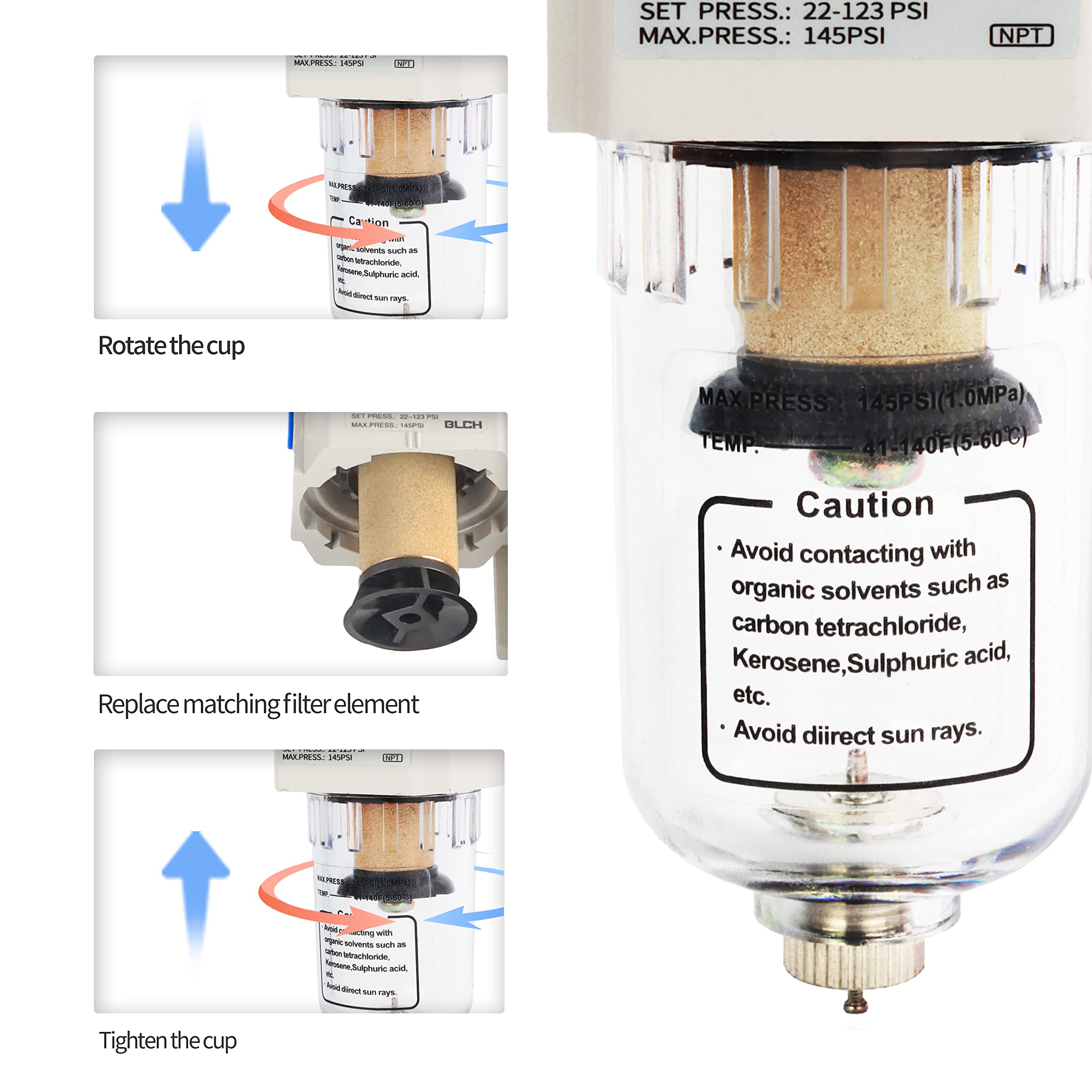 3/8" In-Line Desiccant Air Dryer For Compressors - Moisture Remover For Pneumatic Tools, Spray Guns