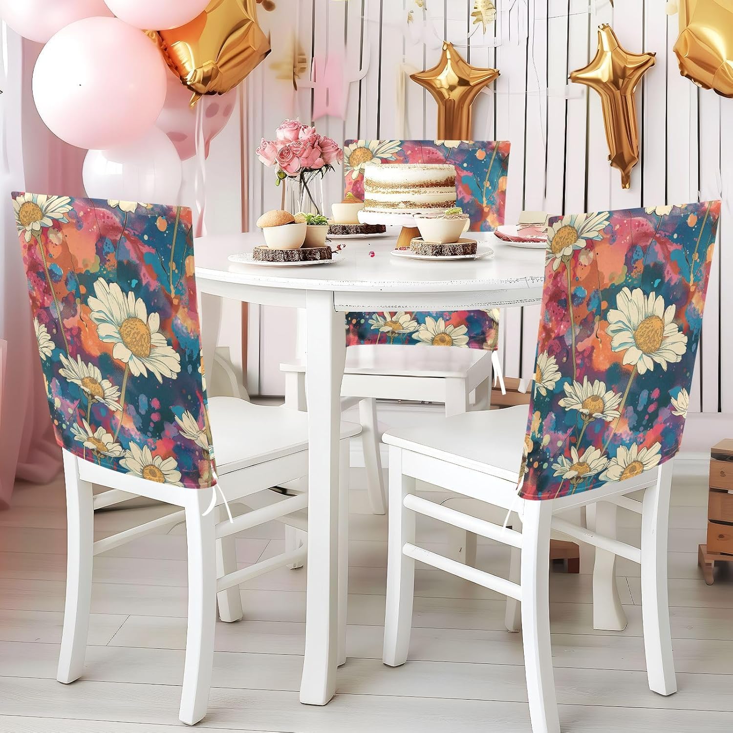 ALAZA Daisy Flowers Colorful Chair Back Cover Set of 6, Washable Reusable Removable Chair Slipcovers Decorative Chair Cover for Home Kitchen Wedding Party