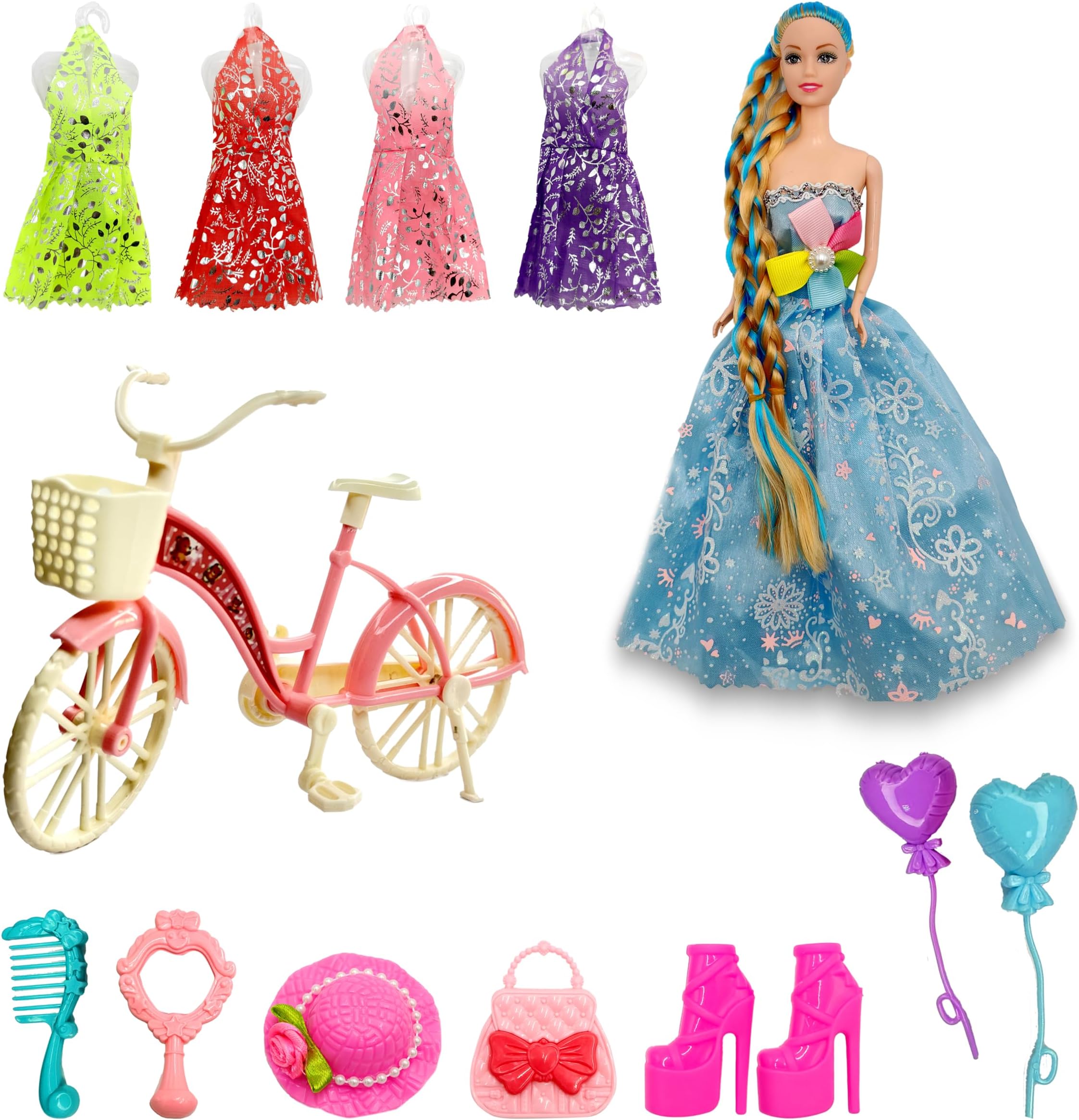 FUNFY EL2009 Fashion Girl Princess Doll with 10+ Accessories |Sky Blue|For Kids 3 & More Years |With 4 Sparkling Dresses, Cycle, Comb, Mirror, Hat, Shoes, Purse , 2 Heart Balloons |Perfect for Gifting