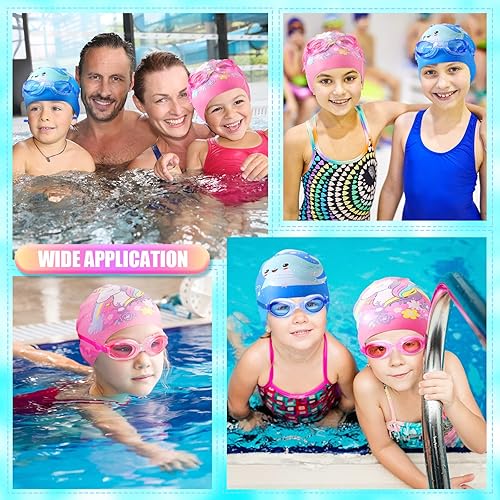 Miniatura 6 de Paquete de 8 gorros de natación para niños para cabello largocorto, gorro de natación de silicona unisex para edades de 2 a 14 años con gafas de