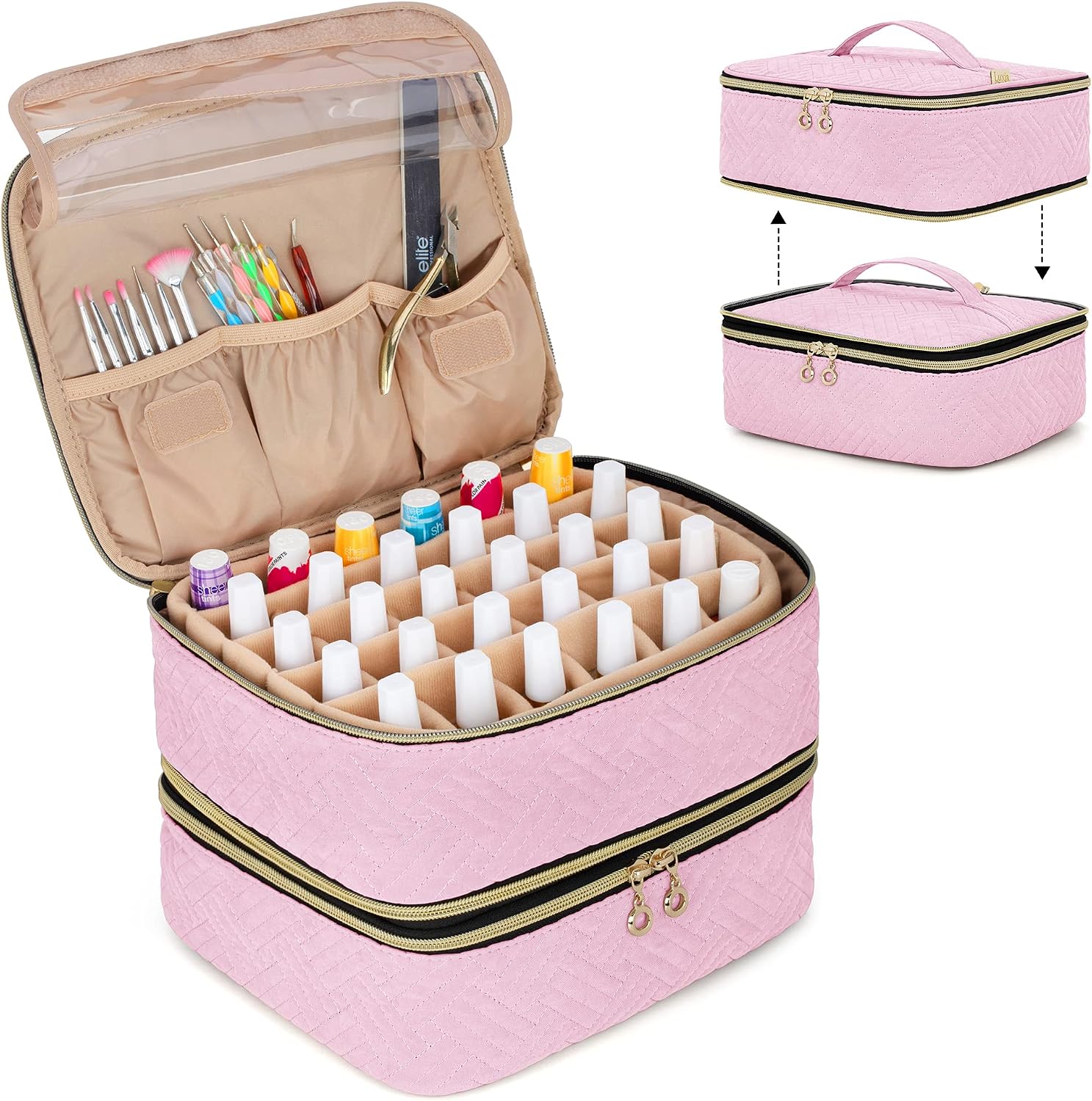 LUXJA Detachable 2 Layers Nail Polish Organizer - Hold 60 Bottles (15ml - 0.5 fl.oz), Nail Polish Case with Tools Storage Pockets (Patented Design), Pink