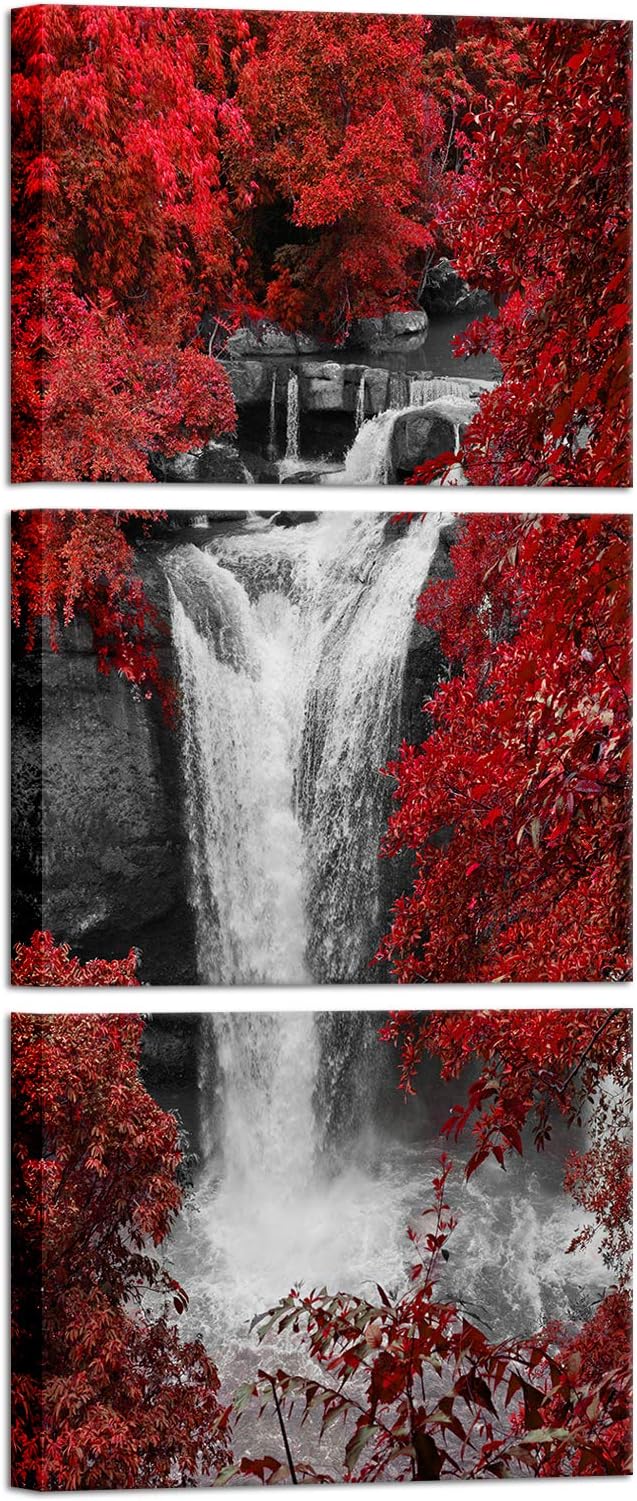 3 Pieces Wall Art Red Trees Forest Black and White Waterfall Landscape Picture Canvas Print Natural Artwork Framed Painting Modern Home Office Bathroom Wall Decoration Ready to Hang