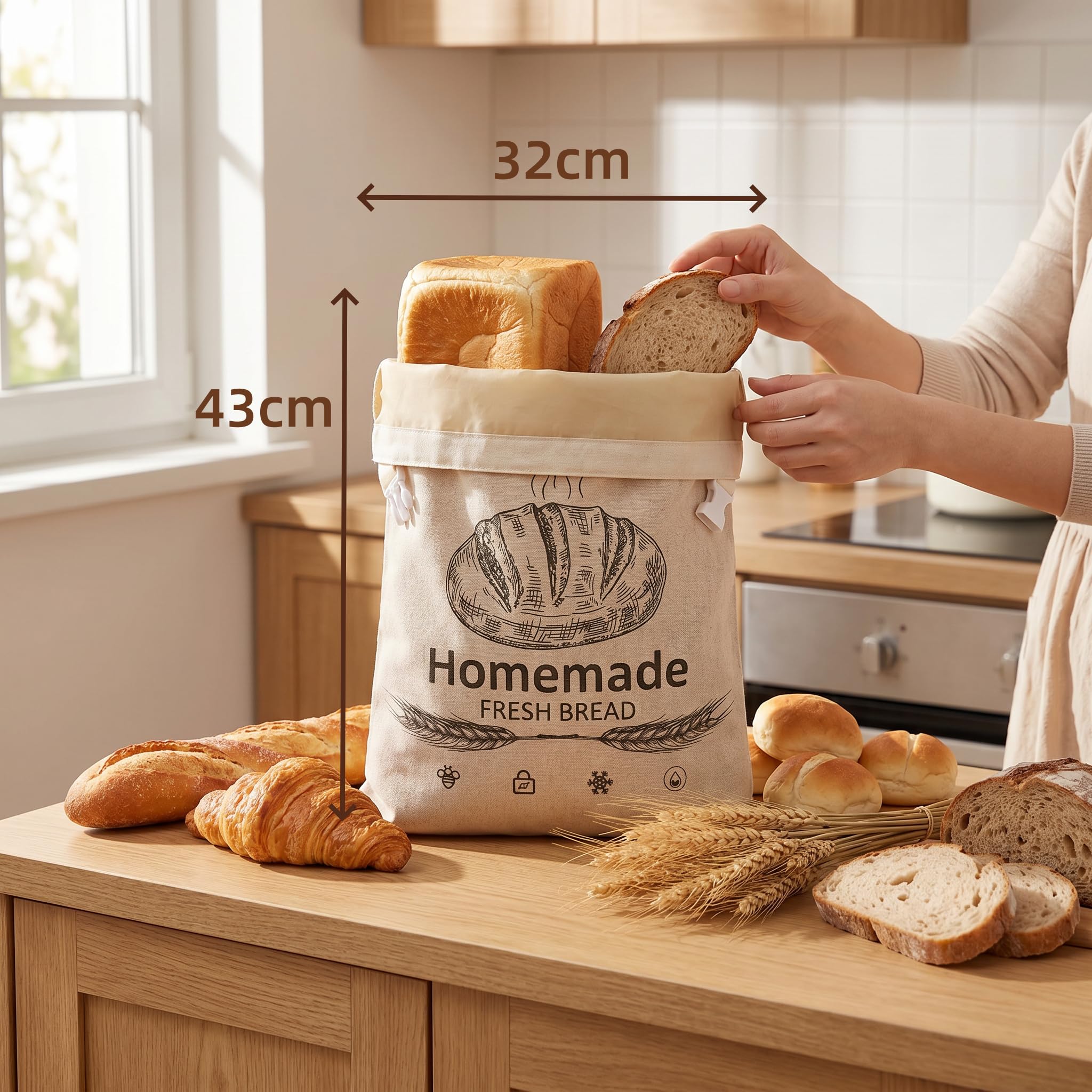 Brotbeutel Leinen, 32x43 cm Bienenwachs Brotbeutel mit Natürlichem Bienenwachs Schnallverschluss Wiederverwendbar Brotaufbewahrung Frischhalten für Brot Frischhalten Sauerteig Backwaren