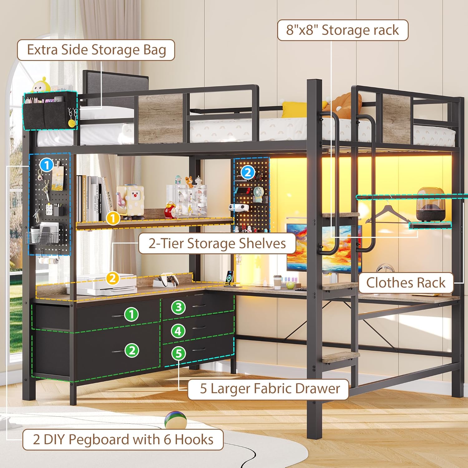 Full Loft Bed with Desk and 5 Storage Drawers, Loft Bed Full Size with 1 Bedside Organizer,Removable Ladder, LED Lights and Charging Station,Clothes Rail,Safety Guard,Oak Gray | Clothes Rail, Safety Guard, 1 Bedside Organizer